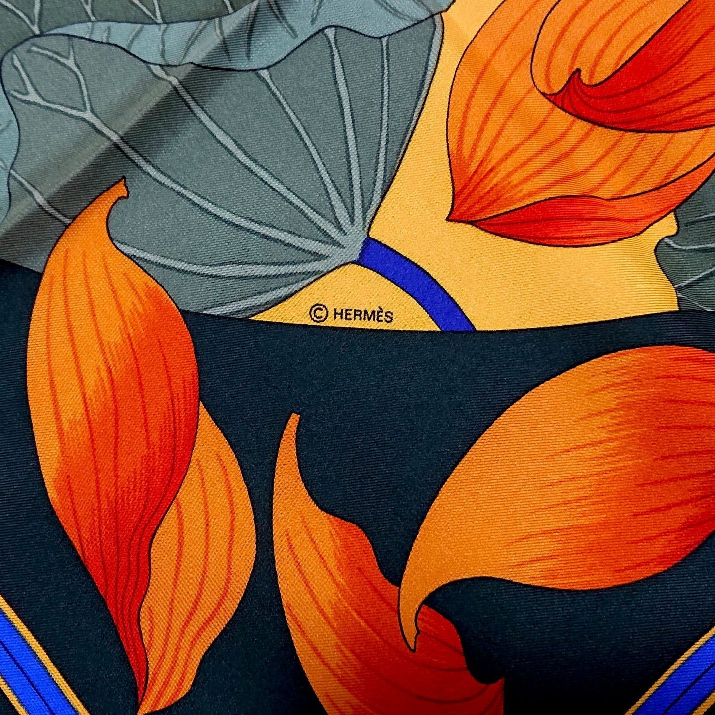 Hermes Carre 90 Fleurs de Lotus Flower Silk Scarf Orange Green — view 8