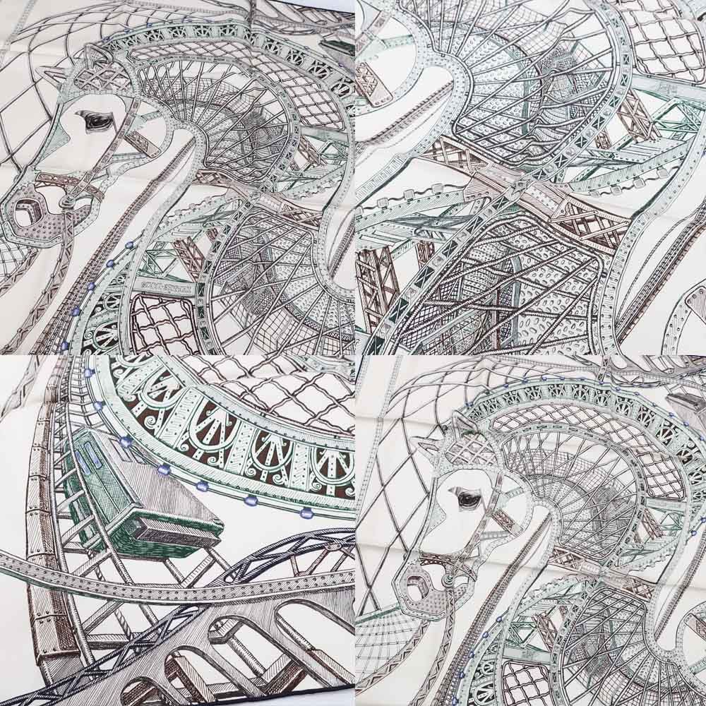 Hermes Carre 90 Horse of Hephaestus Scarf Silk Cream Green Brown — view 8