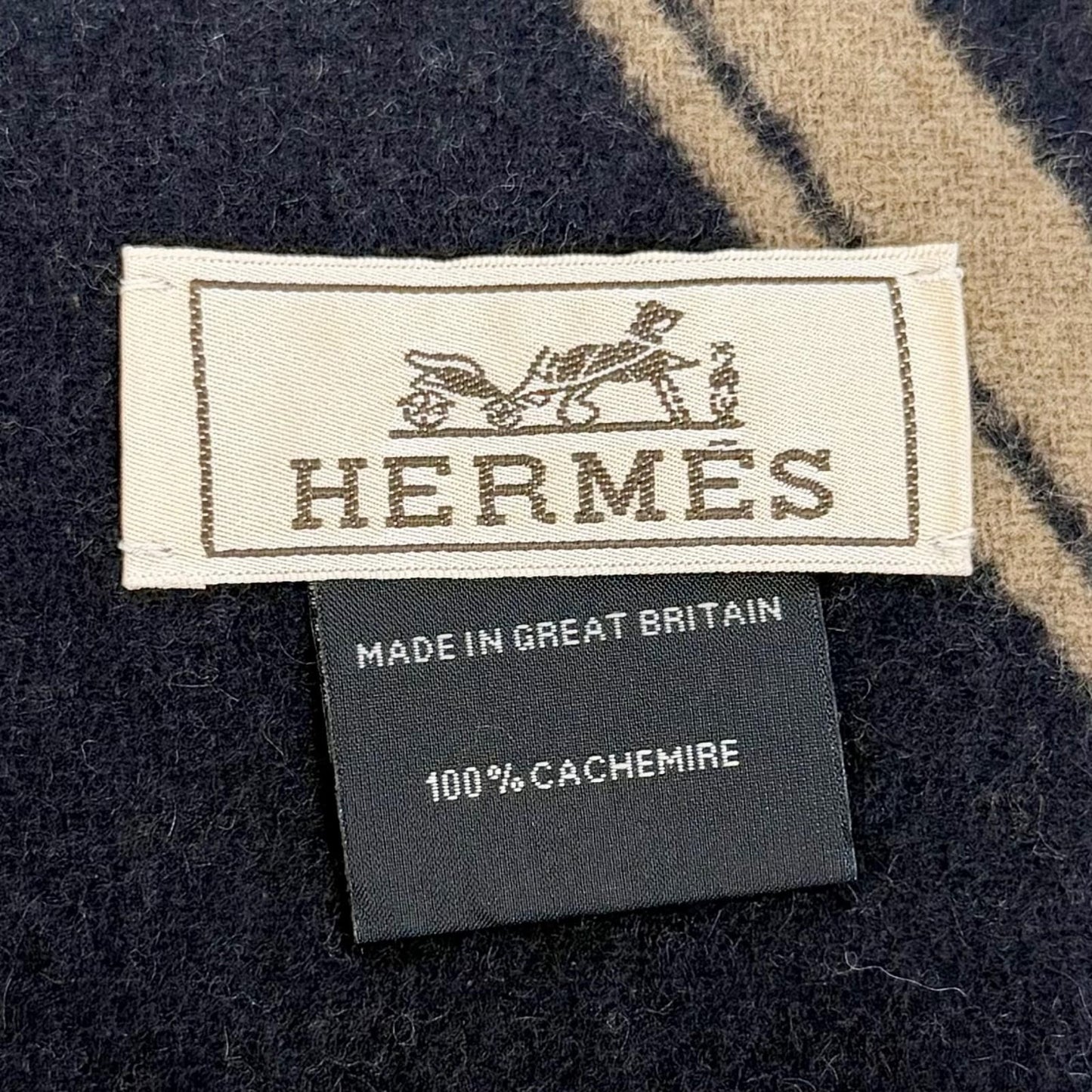 Hermes Sangles en Zigzag Cashmere 100% Etoupe Marine Fringe Scarf Brown Navy — view 8