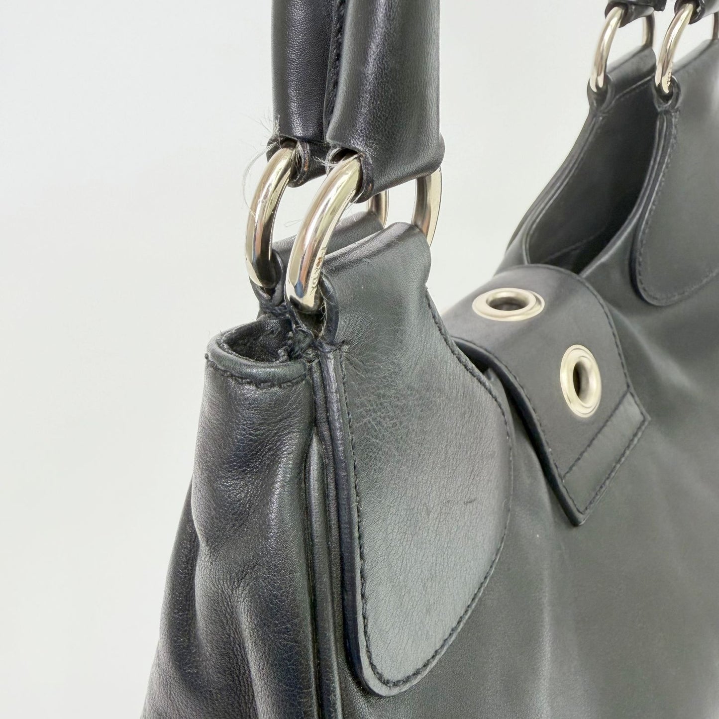Prada Moon Buckle Shoulder Bag Leather Black Silver Vintage — view 8