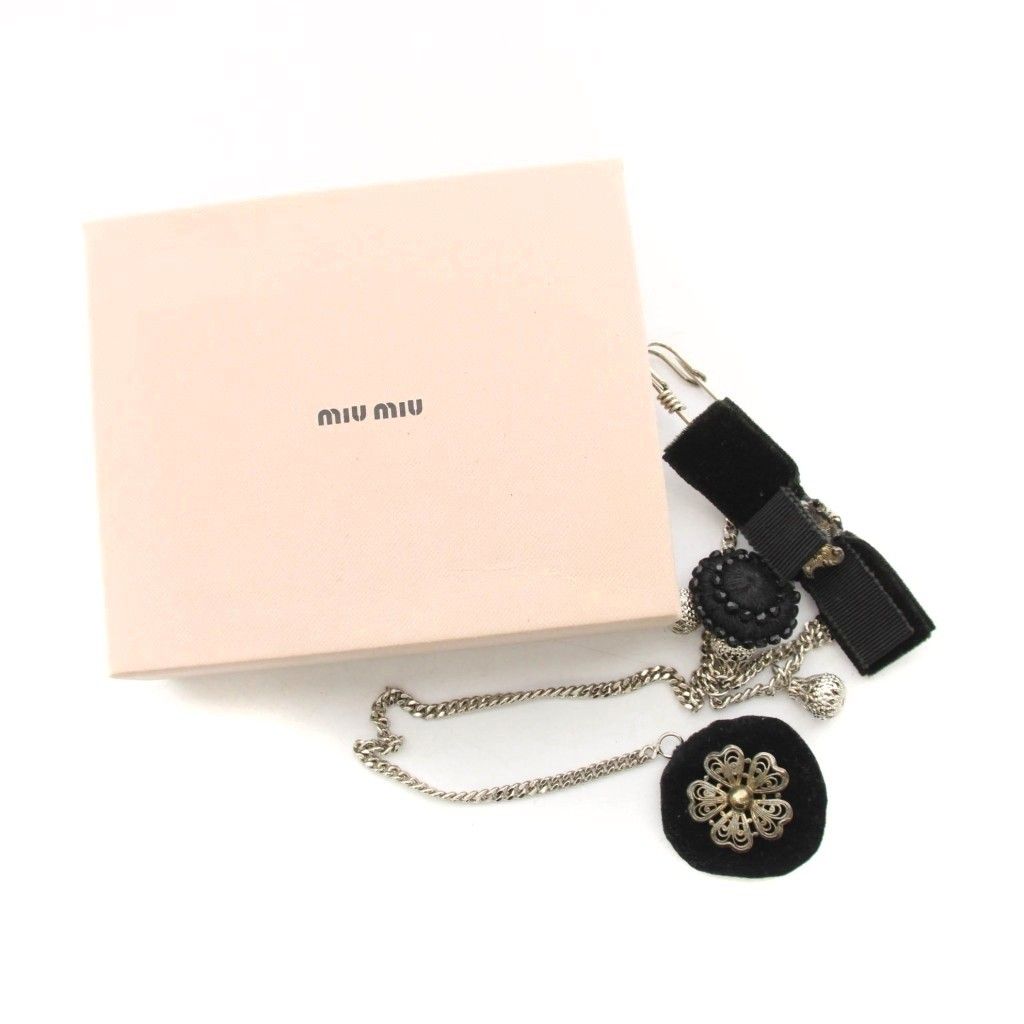 Miu Miu Pin Brooch Black Ribbon Motif Chain Charm — view 7