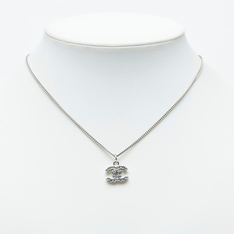 Chanel CC Logo Necklace Silver Metal Rhinestone — view 7