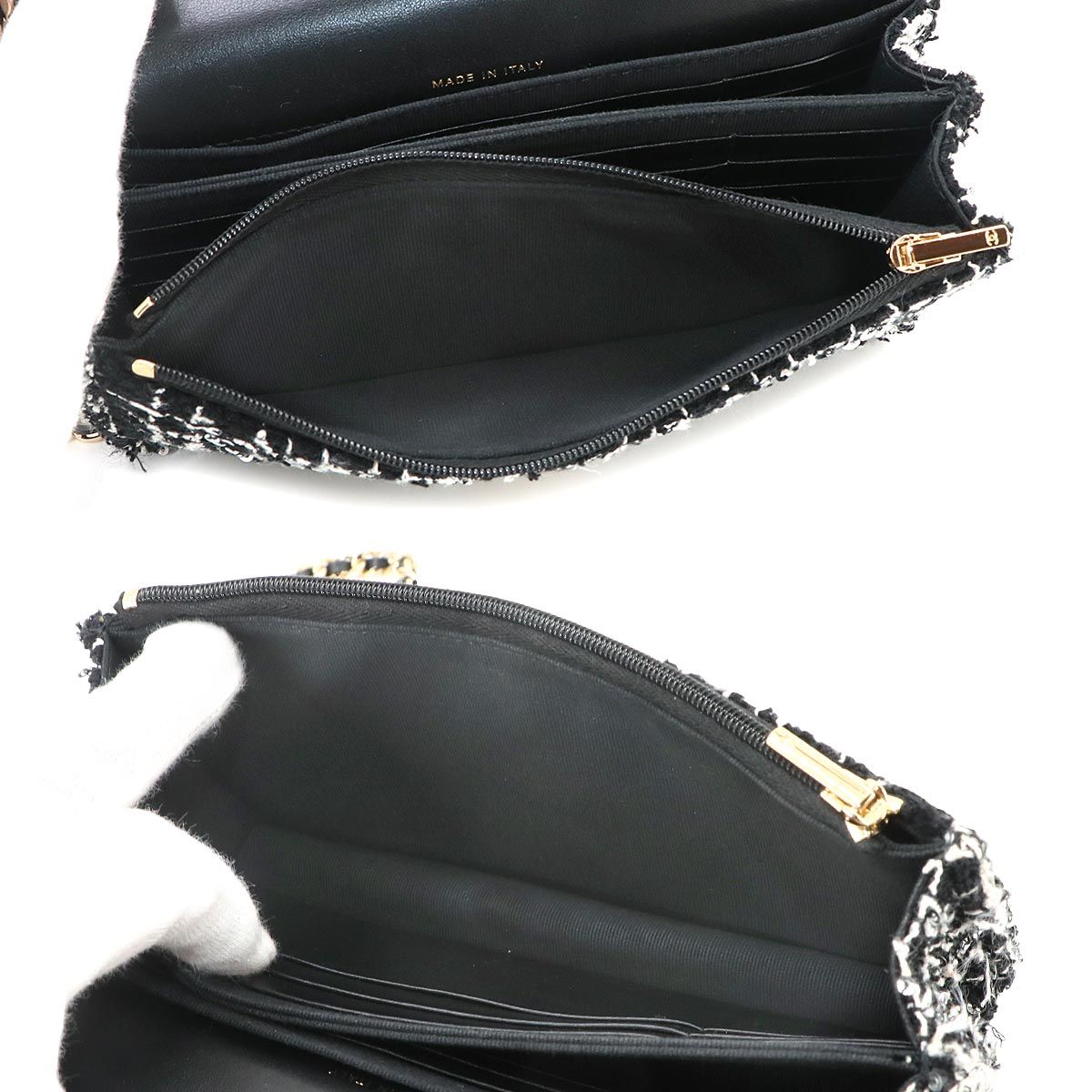 Chanel Quilted Chain Wallet Tweed Leather Sequin Black Gold Shoulder Bag — view 8