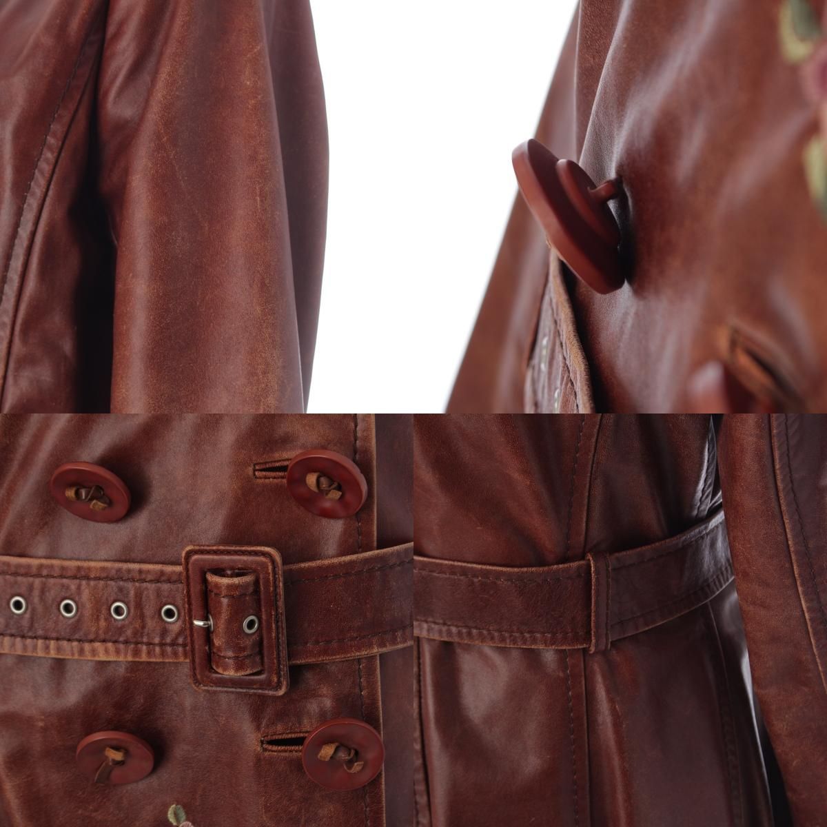 Dior Lambskin Leather Galliano Era Flower Embroidery Vintage Wash Long Coat — view 8
