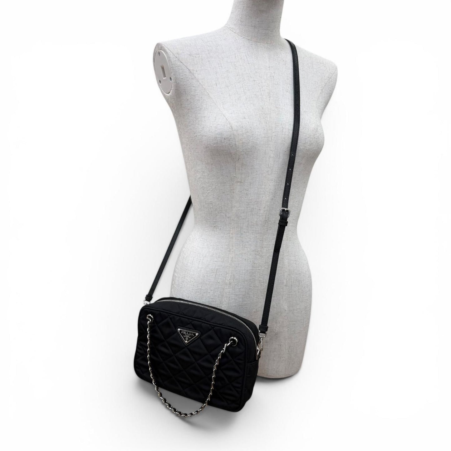 Prada Tessuto Impuntu Triangle Logo Leather Usage 2-Way Shoulder Bag Black — view 8