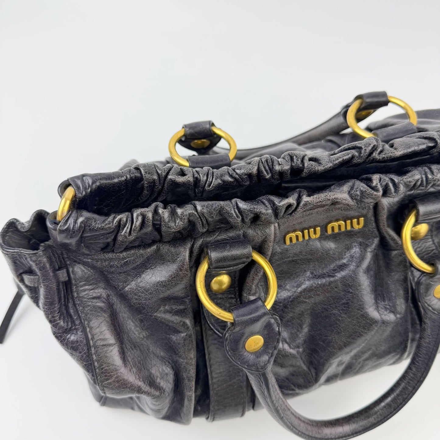 Miu Miu Vitter Luxe Gathered Tote Handbag Leather Black Gold Vintage — view 8