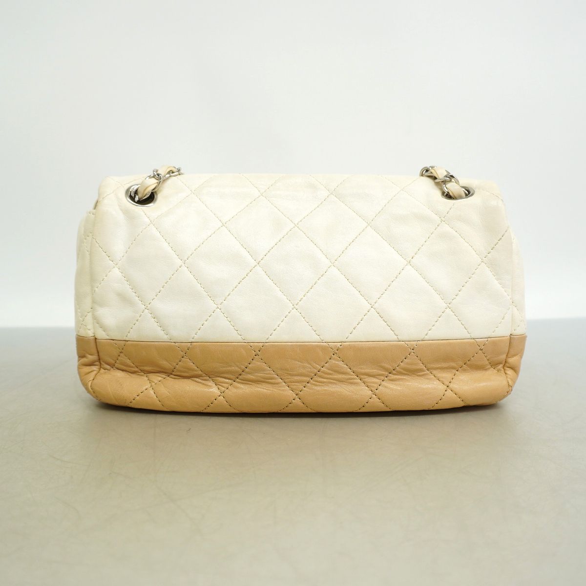 Chanel Shoulder Bag Quilted Calfskin White Brown Silver — view 8