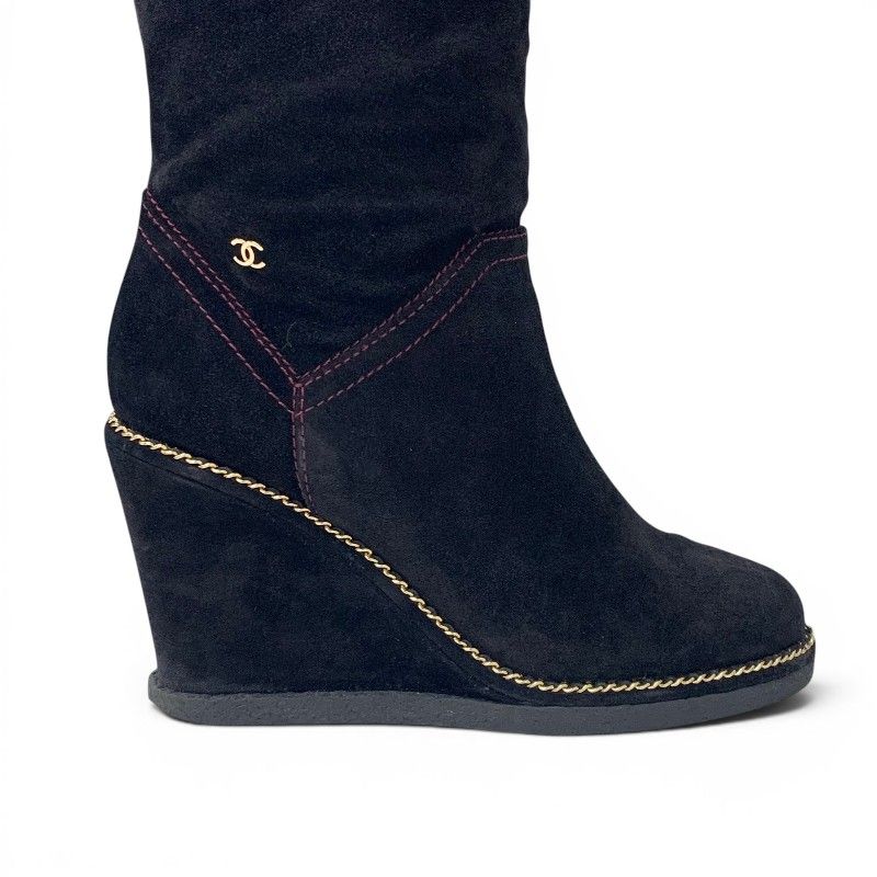 Chanel Boots Long Shoes Suede Black Gold CC Logo Chain Wedge Sole — view 8