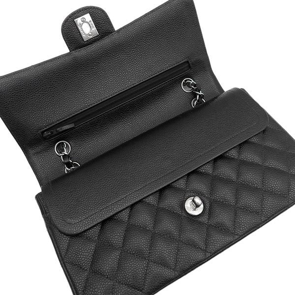 Chanel Shoulder Bag Quilted 25 Chain Caviar Leather Black Silver CC Logo Double — view 8