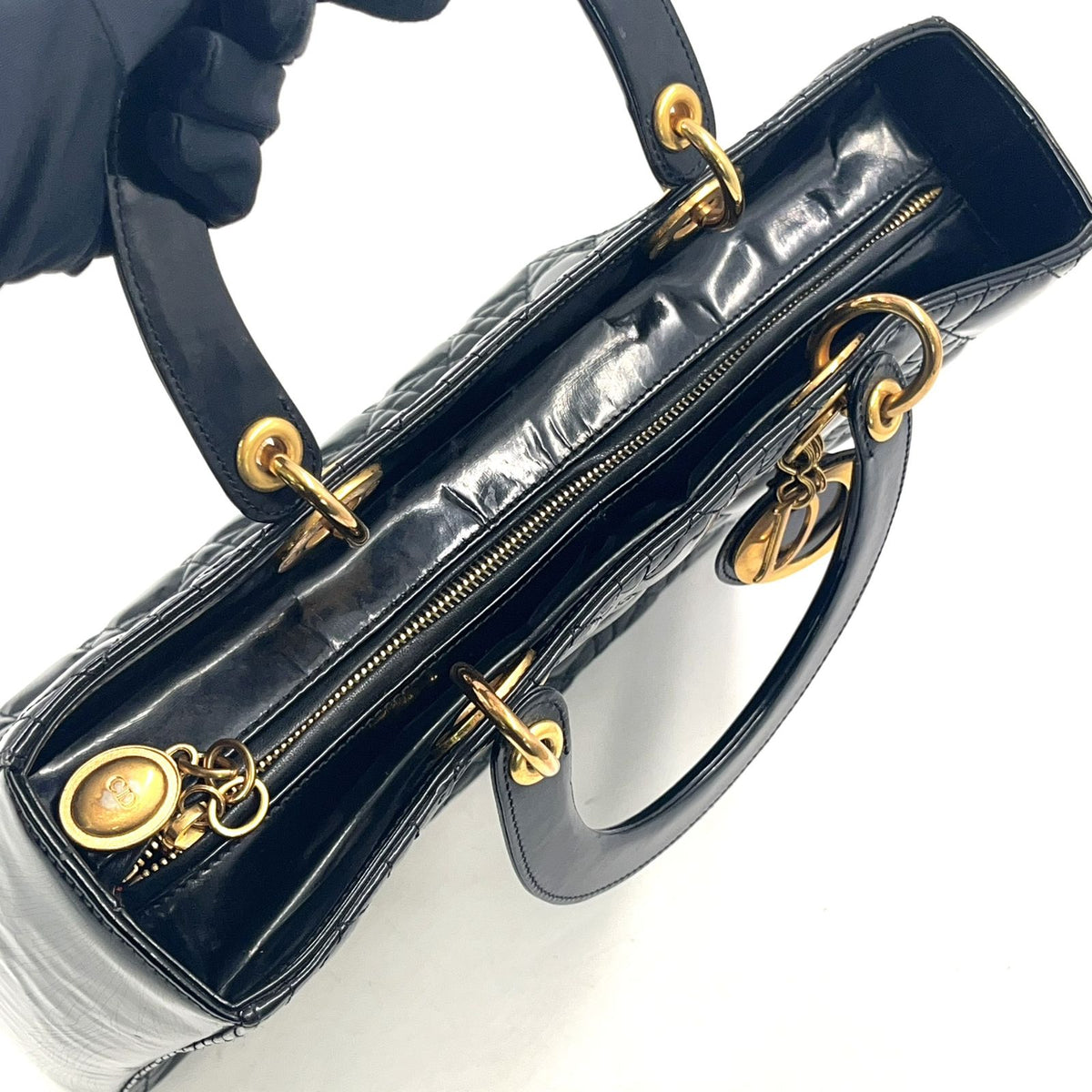 Dior Medium Cannage Patent Leather Black Handbag Gold — view 8
