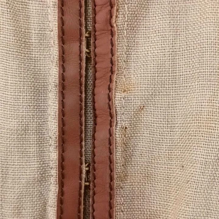 Miu Miu Linen Jacket Zip Up Three Quarter Sleeve Beige Brown Leather Brooch 38 — view 7