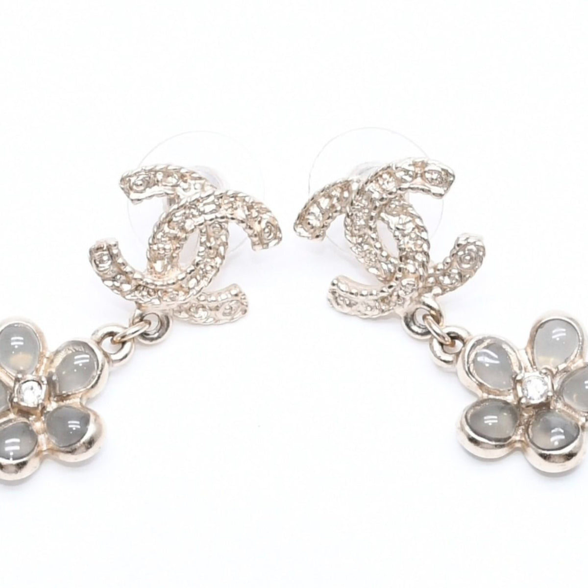 Chanel CC Logo Camellia Drop Earrings Stamp Metal Rhinestone Resin — view 8