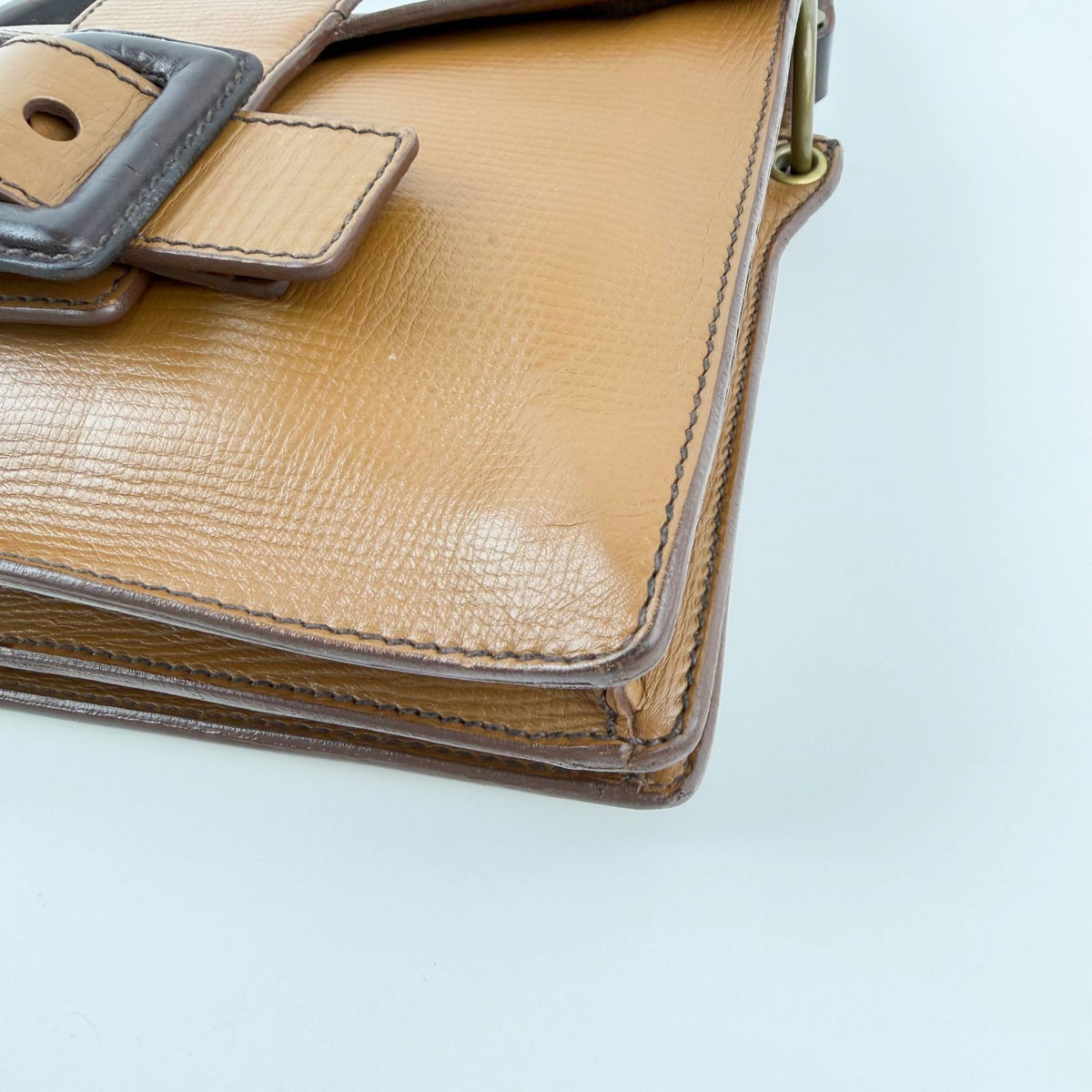 Miu Miu Square Buckle Shoulder Bag Leather Camel Brown Gold Vintage — view 8