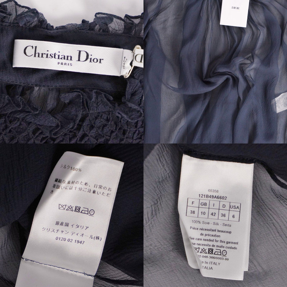 Dior Shirt Blouse Long Sleeve Silk Sheer Top Navy US 6 — view 7