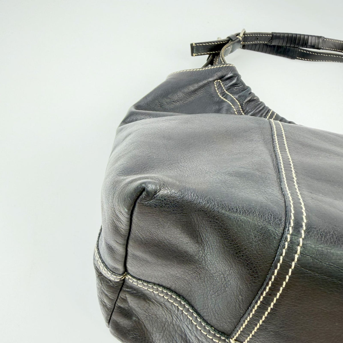 Miu Miu Gathered Contrast Stitch Tote Shoulder Bag Leather Black Silver Vintage — view 8