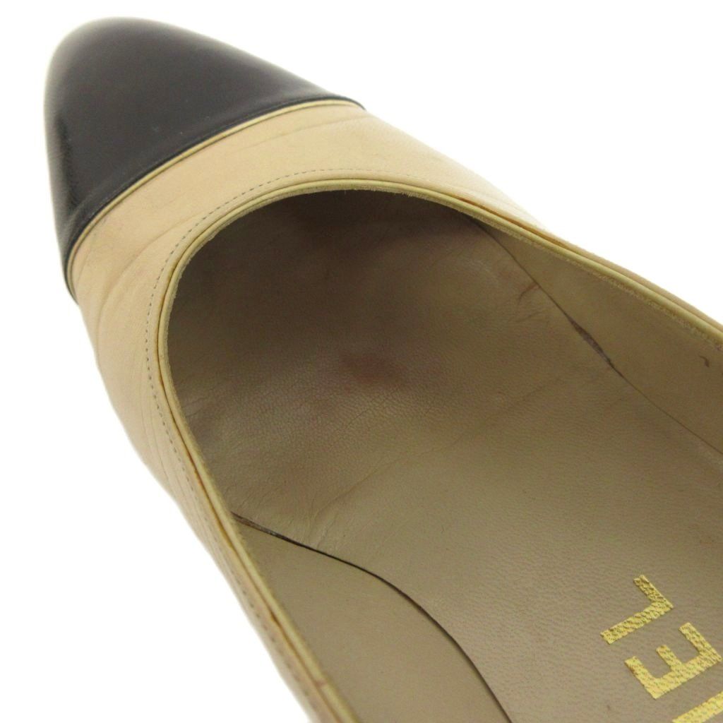 Chanel Pumps Leather Cap Toe Middle Heels Bicolor Beige Black — view 8