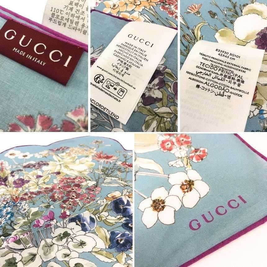 Gucci Flora Flower Pattern Handkerchief Bandana Pocket Square Blue Floral Cotton — view 3