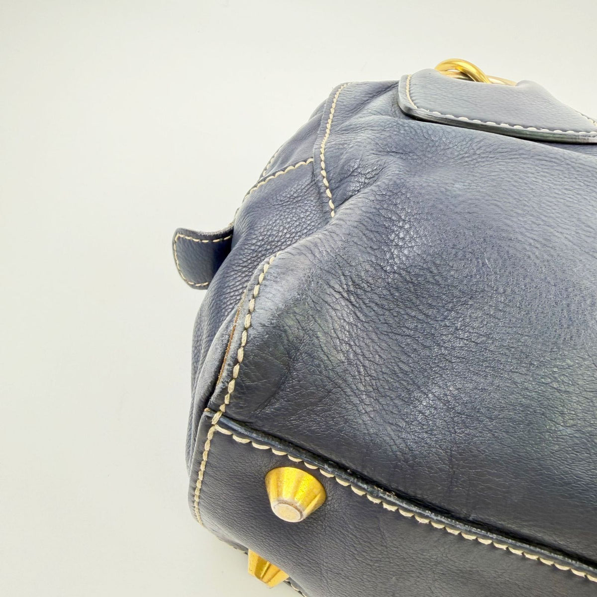Miu Miu Ring Handle Contrast Stitch Mini Boston Bag Leather Navy Gold Vintage — view 8