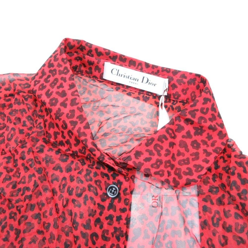 Dior Bee Embroidery Leopard Print Silk Chiffon Shirt Short Sleeve Blouse Red 34 — view 8