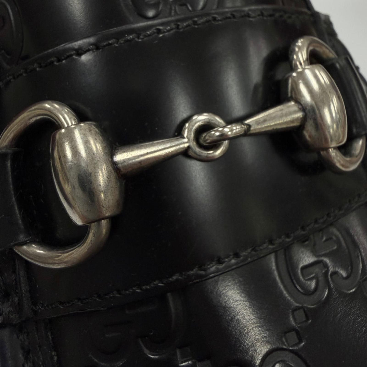 Gucci Horsebit GG Pattern Leather Shoes Loafers Black Silver 5 — view 8