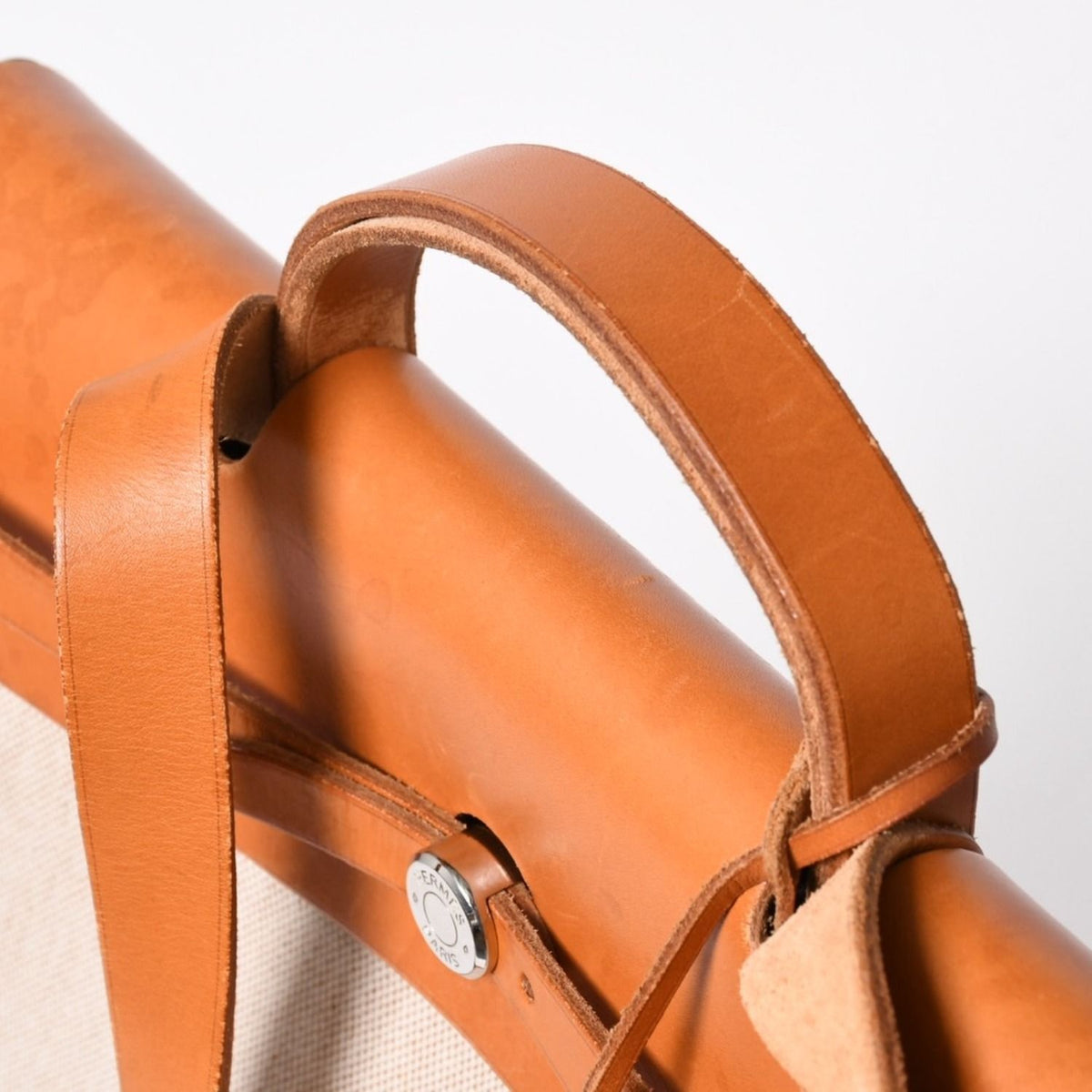 Hermes Herbag MM Toile H Box Calf Brown Beige Silver Handbag — view 8