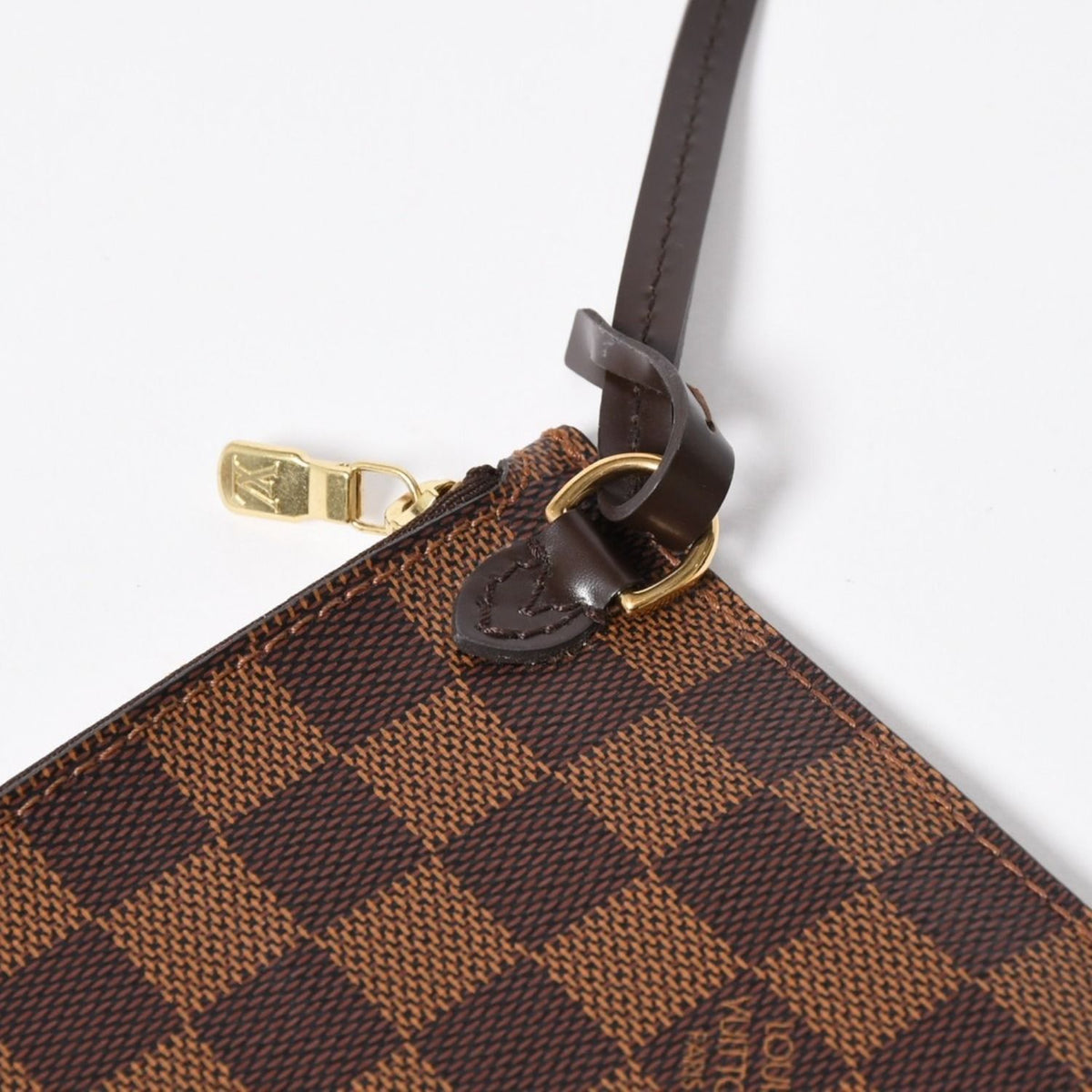 Louis Vuitton Neverfull Pouch Handbag Damier Ebene Brown Gold — view 8