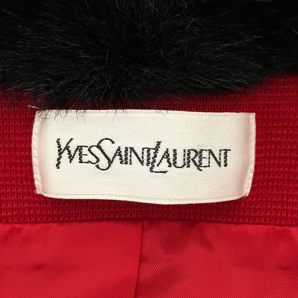 Saint Laurent Vintage Faux Fur Trim Knit Belted Coat Red Black Autumn Winter M — view 7