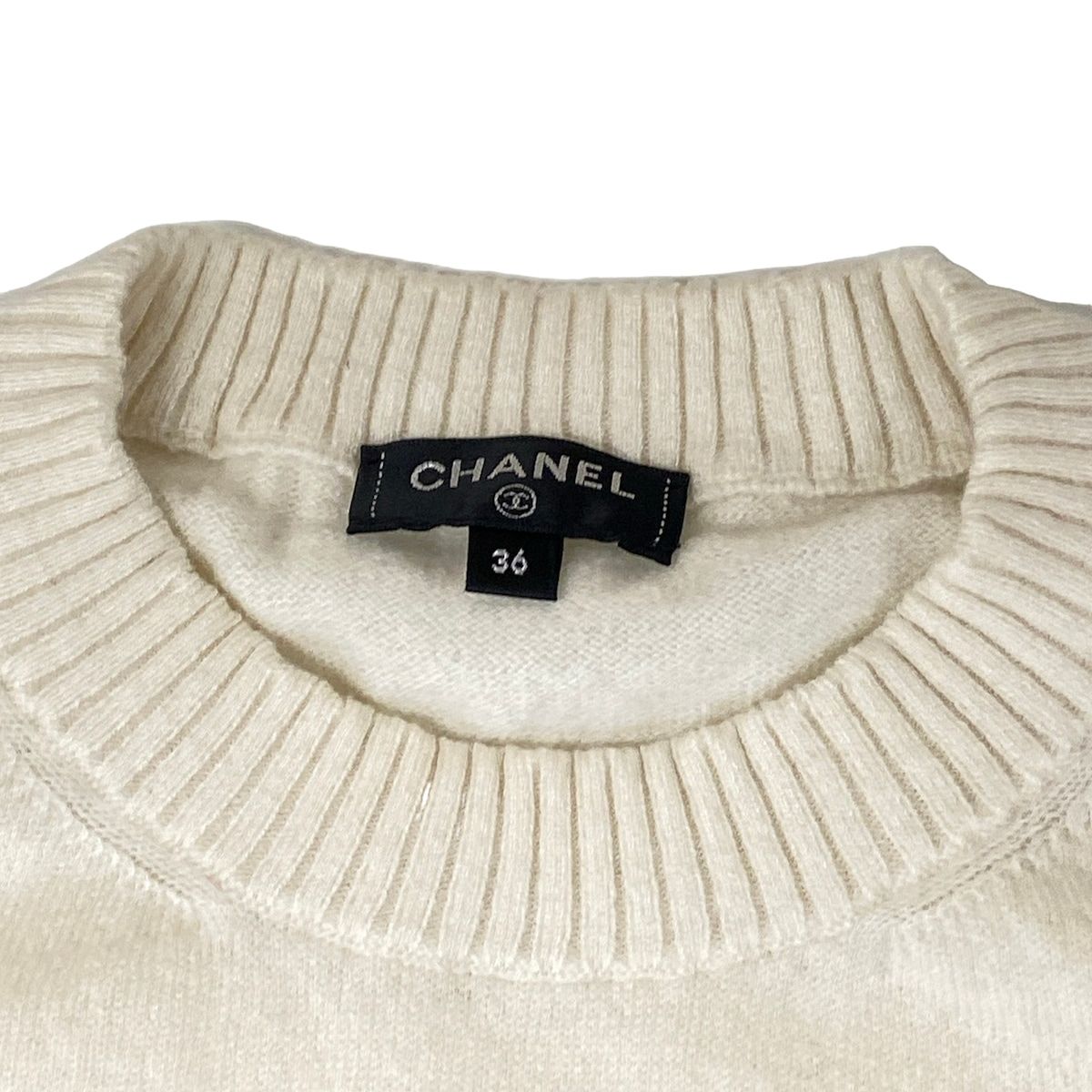 Chanel Long Sleeve Sweater Ivory Dark Navy CC Logo Camellia Cashmere Cotton — view 8