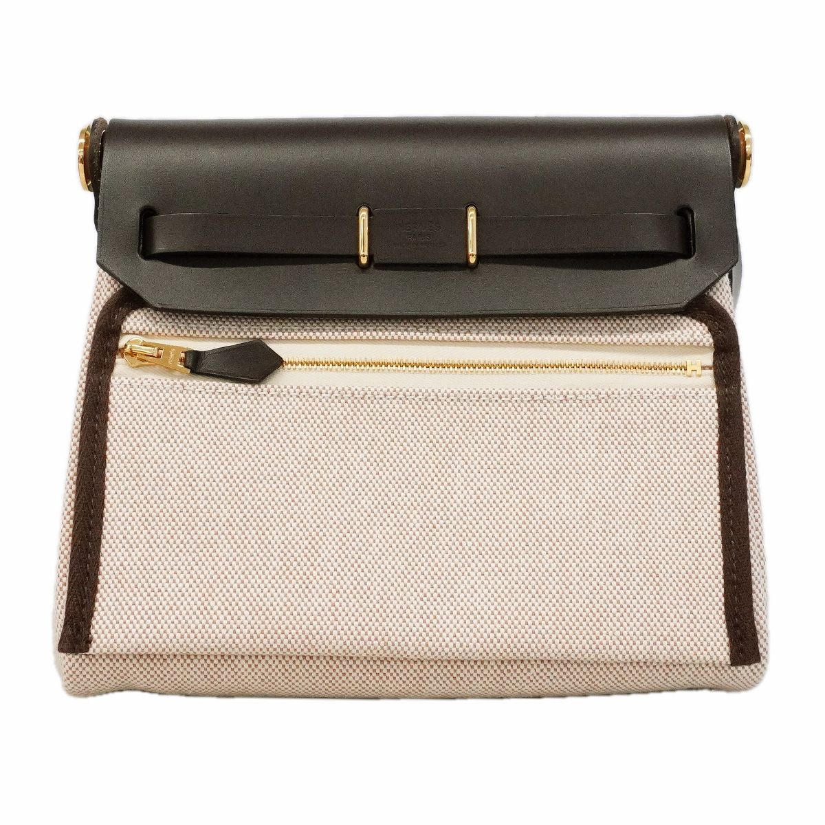 Hermes Shoulder Bag Herbag Zip Mini Toile H Brown Beige Gold — view 8