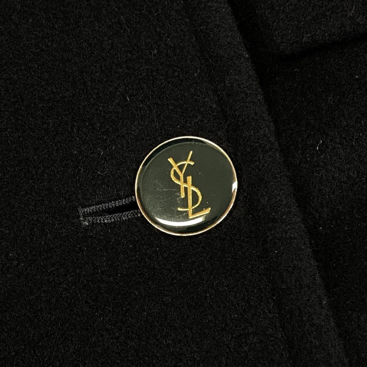 Saint Laurent Double Breasted Chesterfield YSL Logo Button Long Coat Dark 36 — view 8