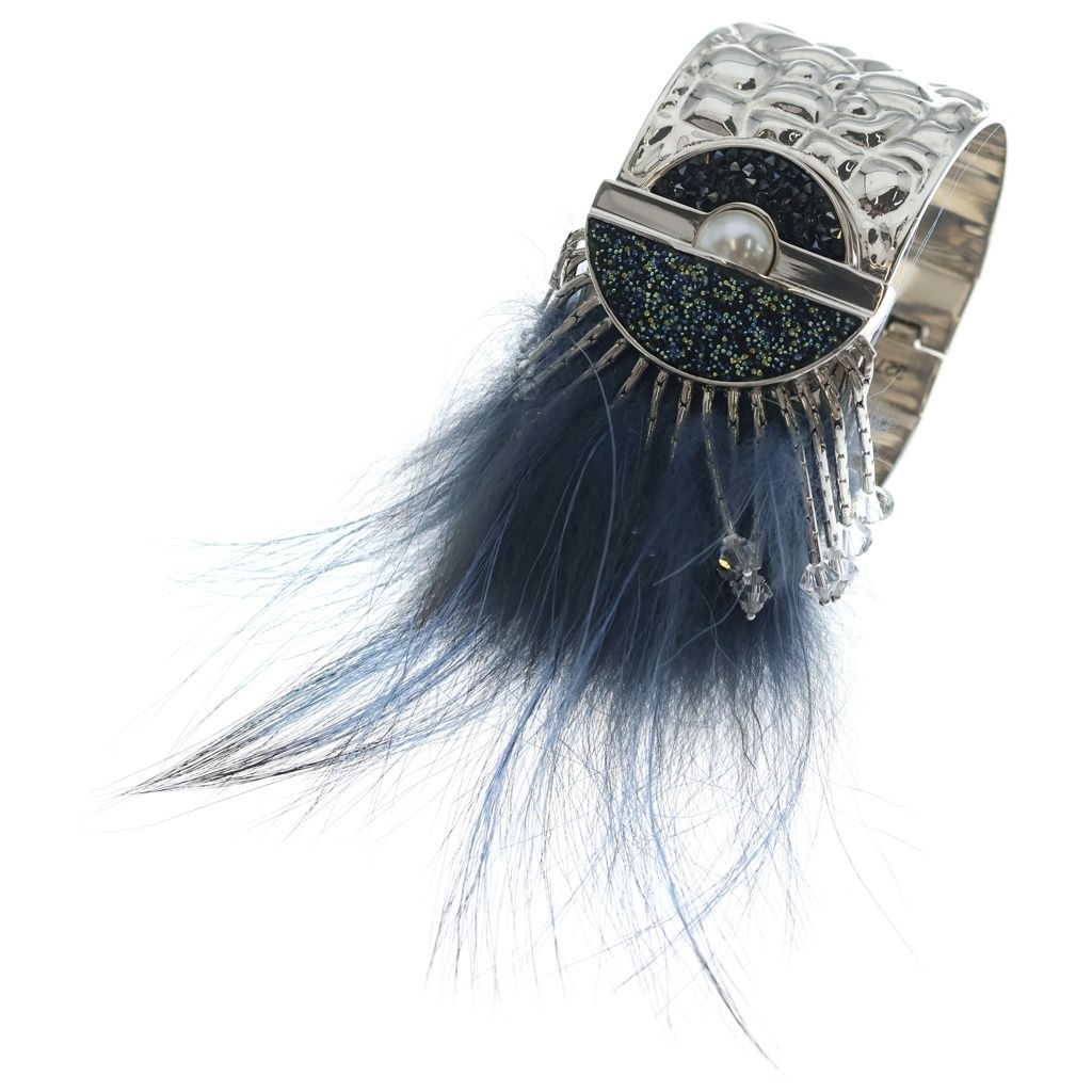 Fendi Peacock Eye Bijou Decorative Fur Pearl Bangle Bracelet Silver — view 6