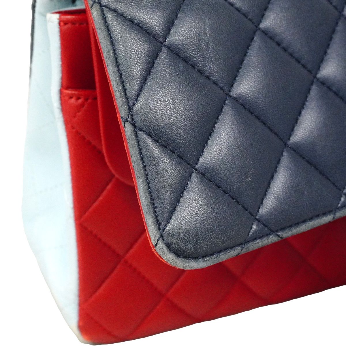 Chanel Shoulder Bag Quilted Lambskin Navy Blue Red Silver — view 8