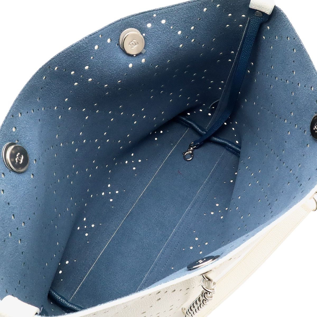 Chanel Perforated Tote Chain Shoulder Bag Caviar Leather Ivory Blue Silver — view 8