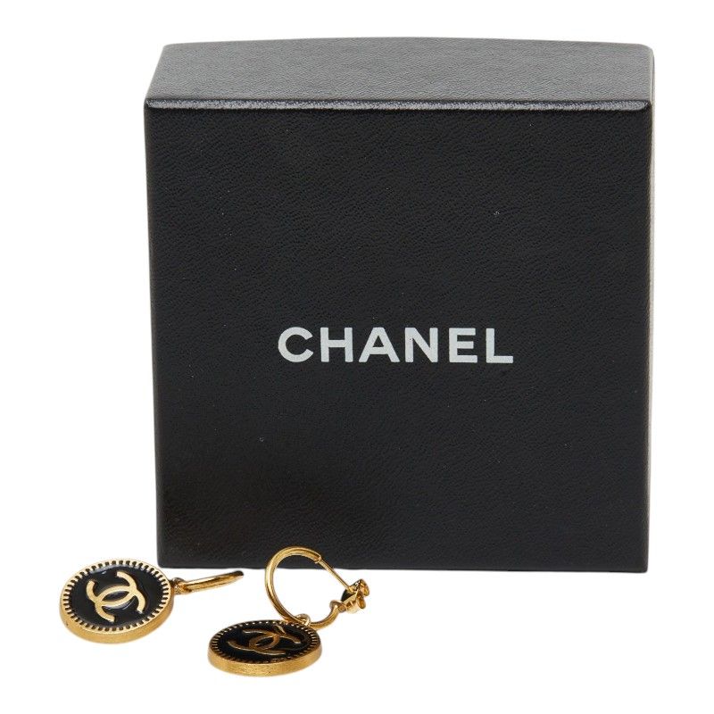 Chanel CC Logo Earrings Hoop Round Gold Black Plated — view 6