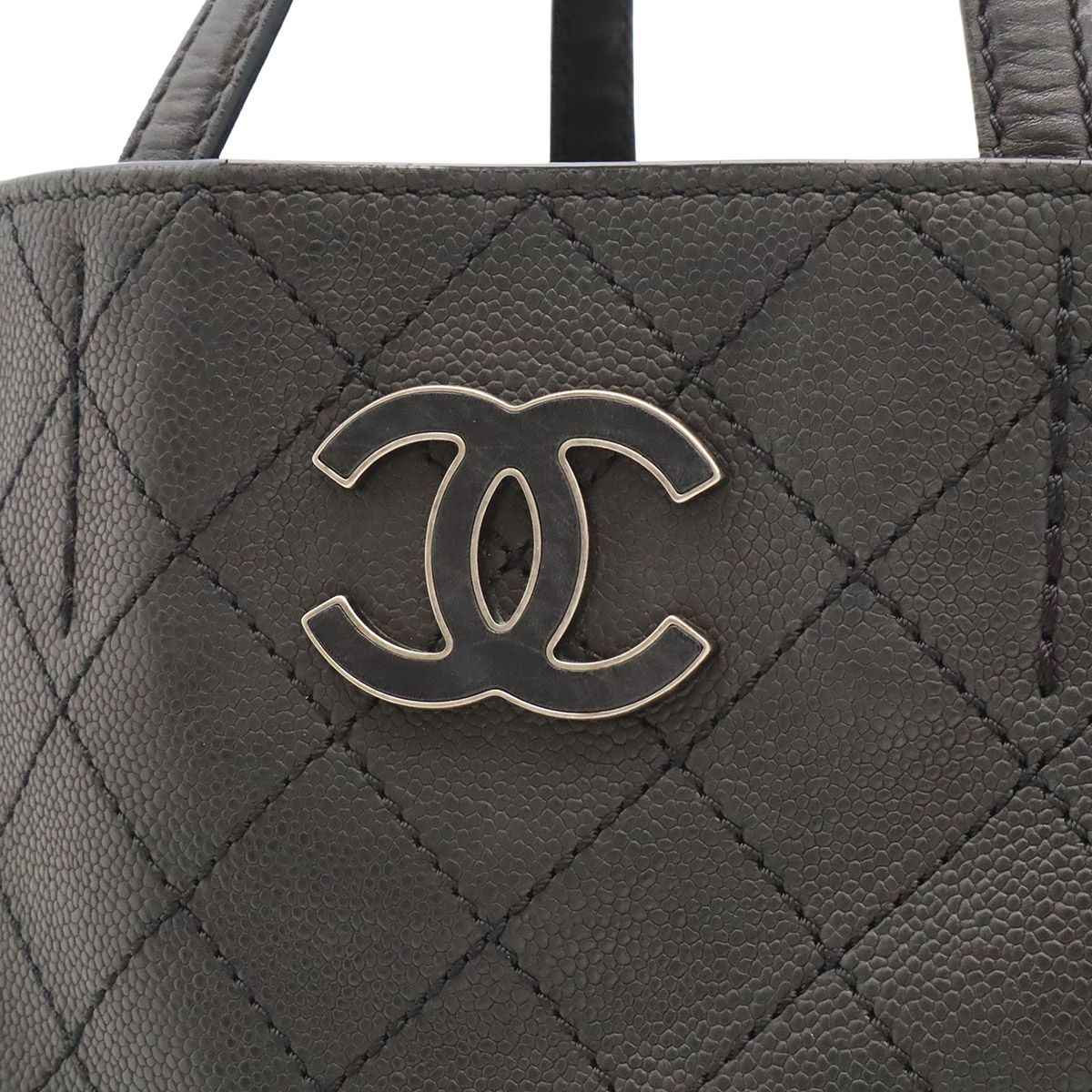 Chanel Quilted CC Logo Tote 2-Way Chain Shoulder Bag Caviar Leather Black — view 8