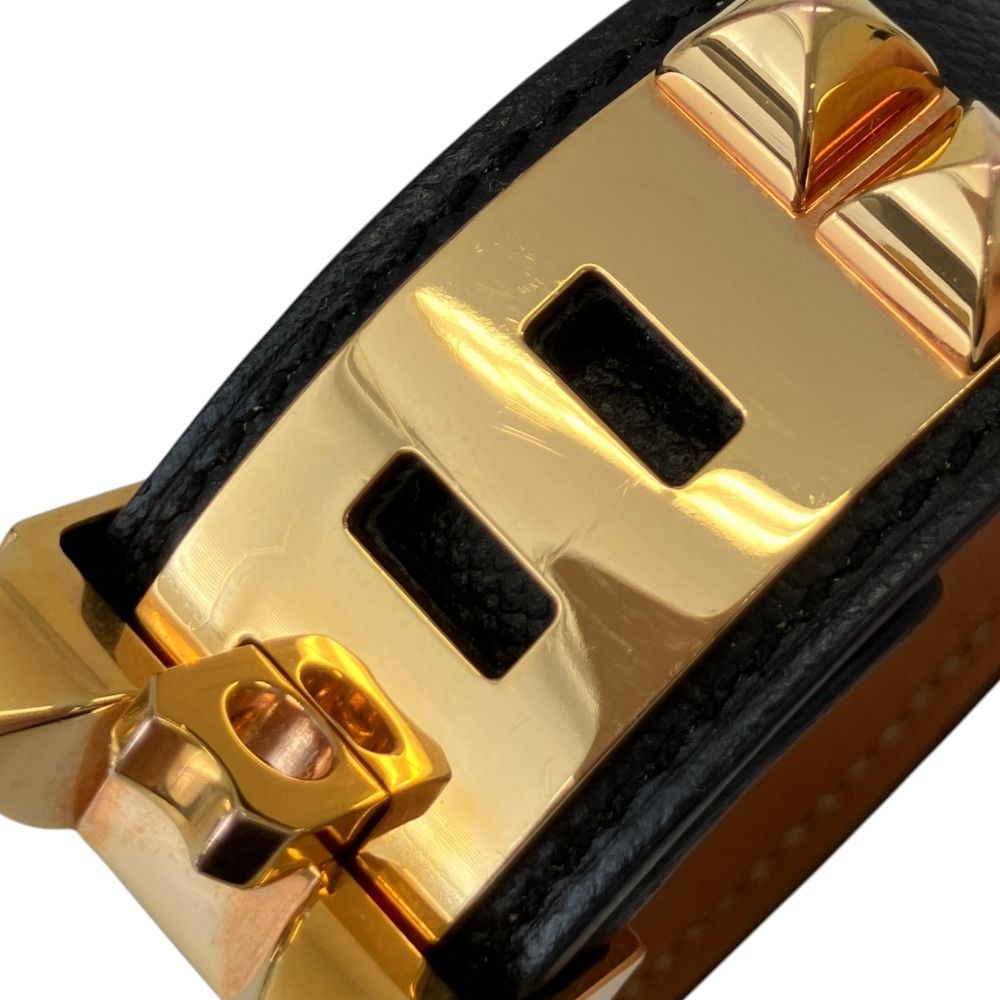 Hermes Collier de Chien Leather Bracelet Bangle Gold T 1 Black — view 8