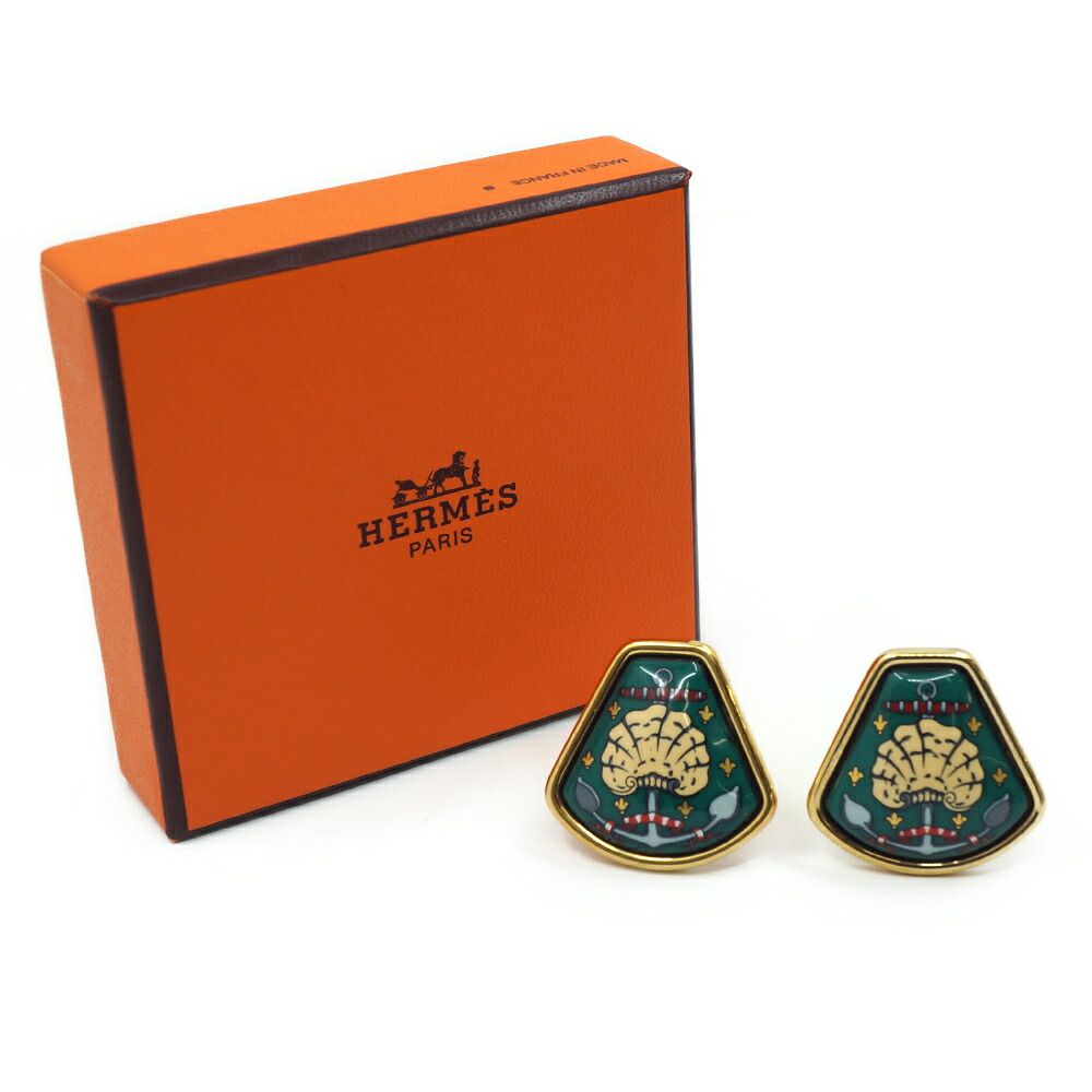 Hermes Enamel Earrings Seashells Gold Metal — view 6