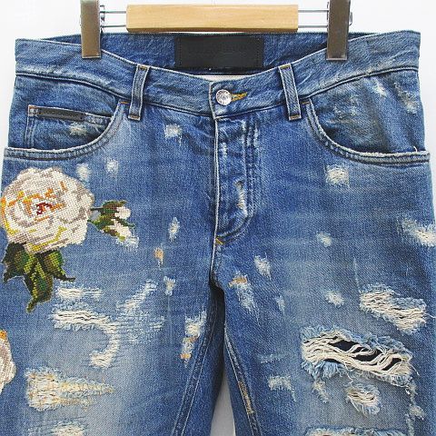 Dolce & Gabbana 14 Gold Long Length Denim Pants Jeans Blue Button Fly Rose 48 — view 8