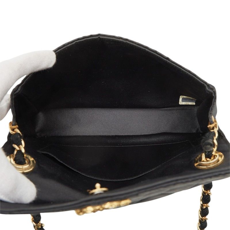 Chanel CC Logo Quilted Chain Shoulder Bag Black Gold Rhinestone Silk Satin — view 8