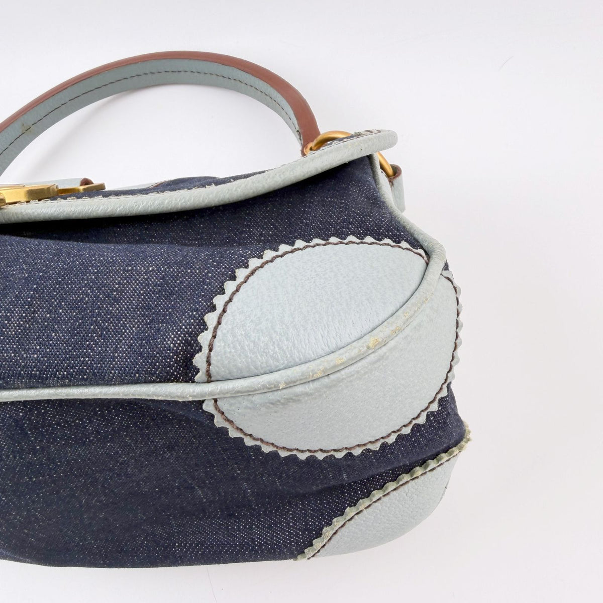 Miu Miu Denim Leather Trim Flap Handbag Indigo Light Blue Brown Gold Vintage — view 8