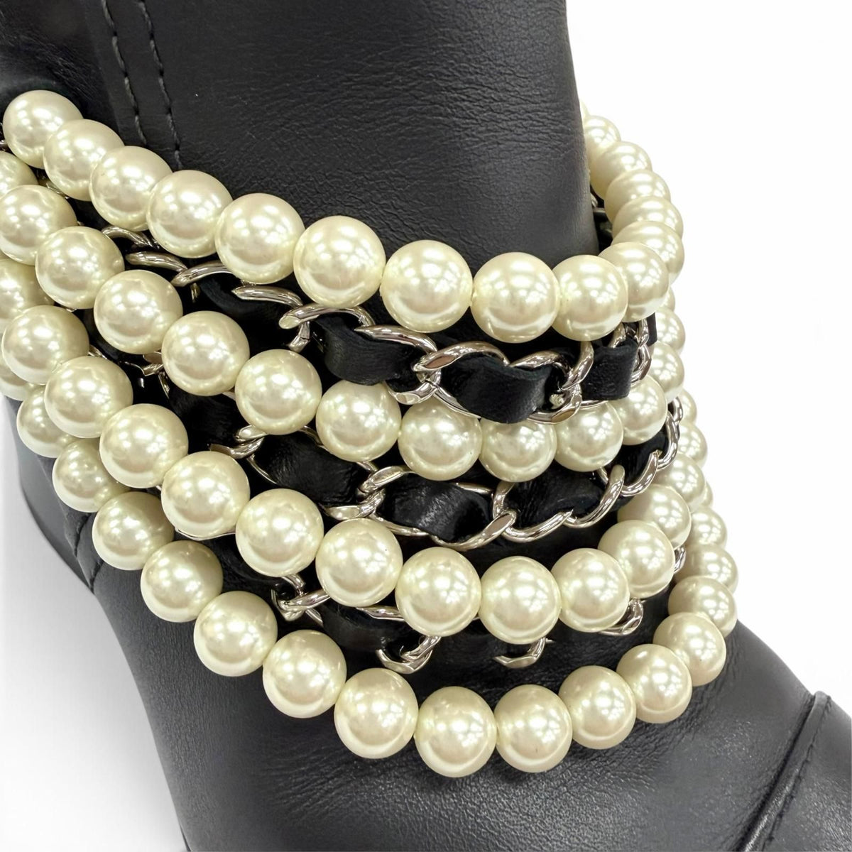 Chanel CC Logo Ecopearl Chain Belt Leather Short Boots Black — view 8