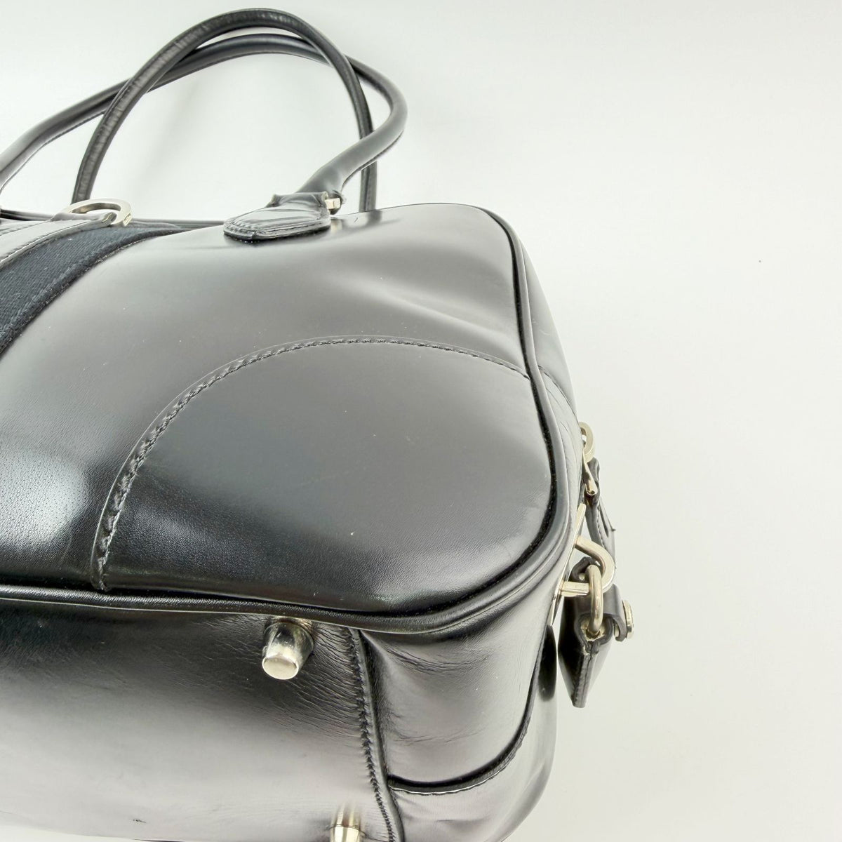 Prada Bowling Triangle Logo Side Line Shoulder Bag Leather Black Silver Vintage — view 8