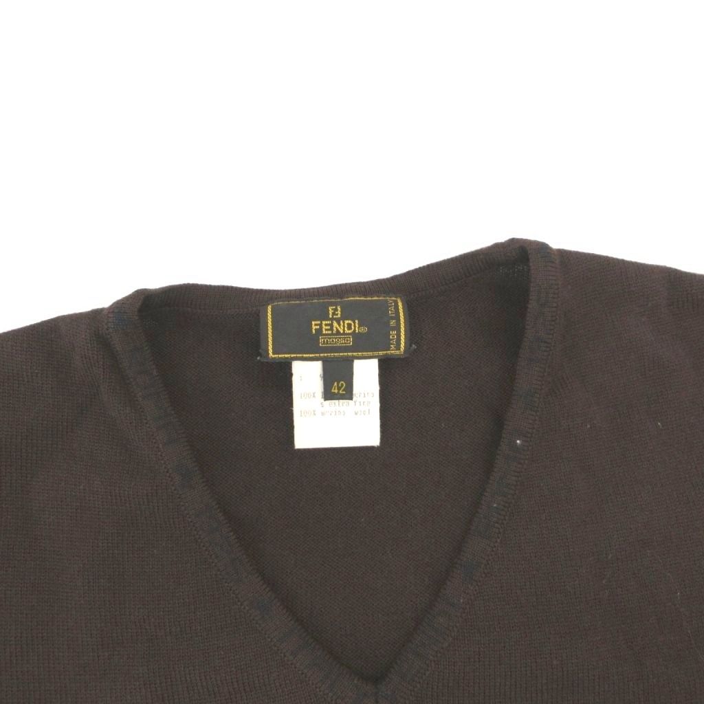 Fendi V-neck Knit Dress Sweater Merino Wool Long Sleeve Knee-Length Brown MG 42 — view 6