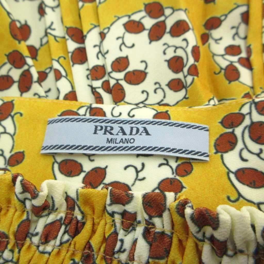 Prada Pleated Skirt Calfskin Length Contrast Floral Pattern Yellow Orange — view 3