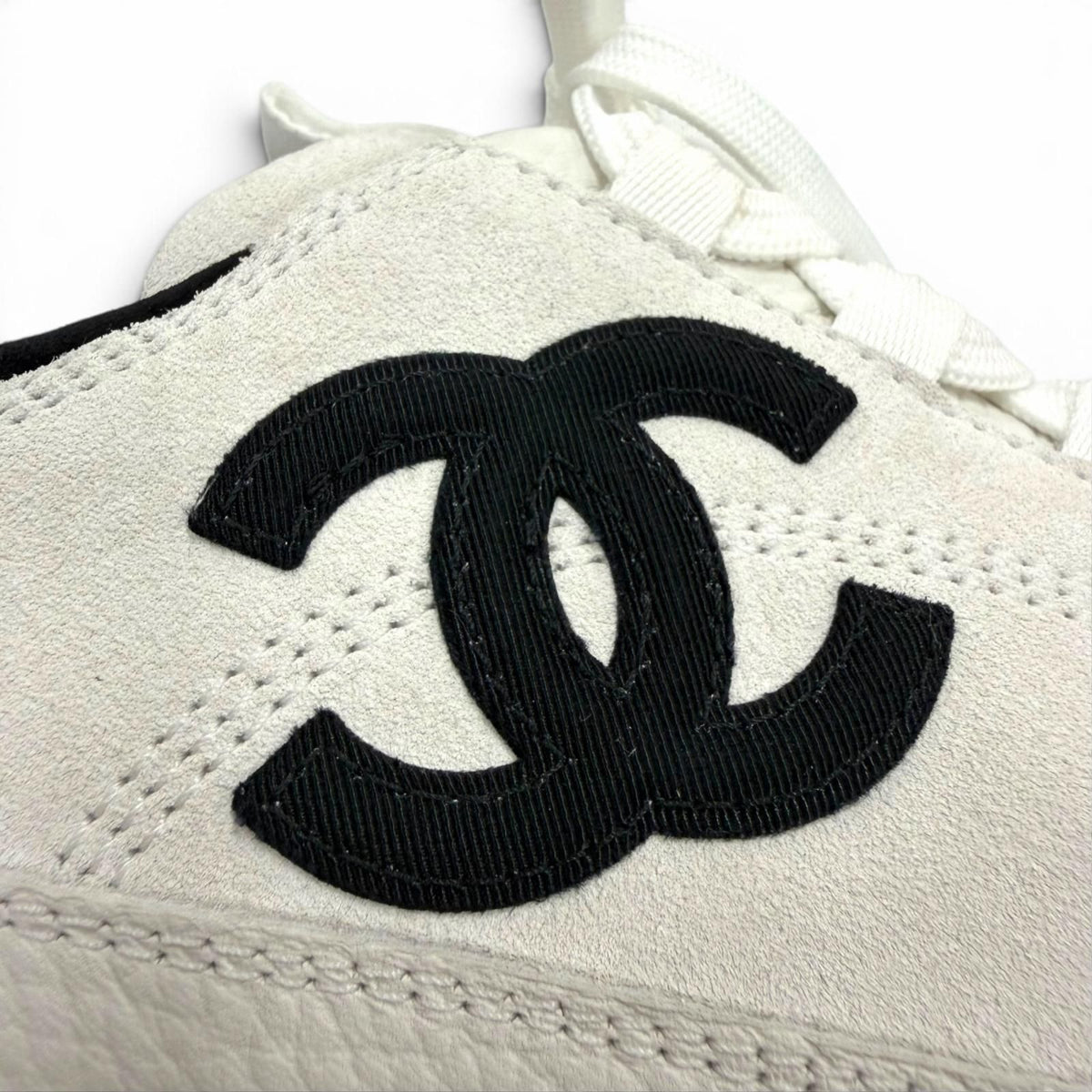 Chanel Suede Leather CC Logo Low-Top Sneakers White — view 8