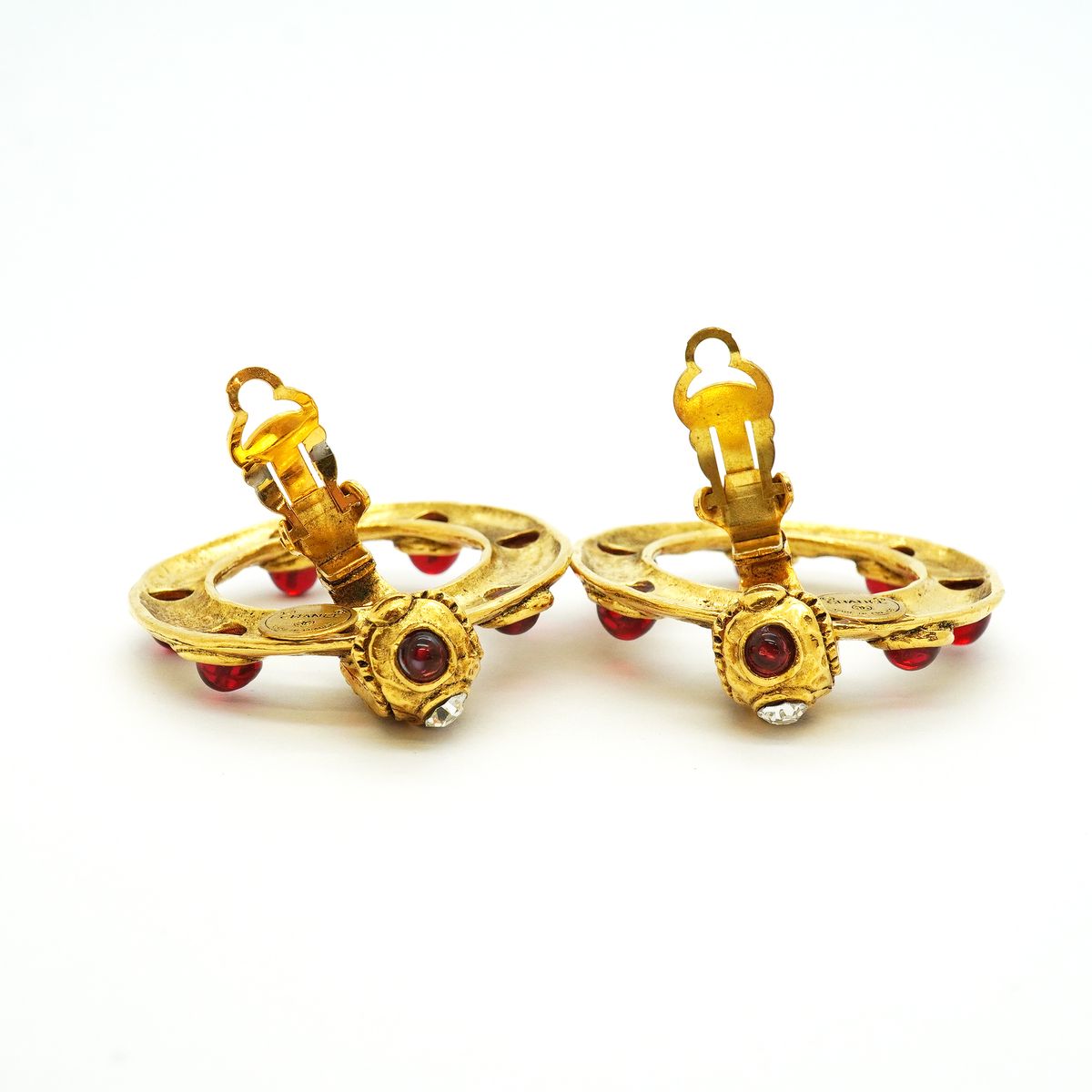 Chanel Earrings Vintage Round Circle Gold Plated Rhinestone Red — view 6