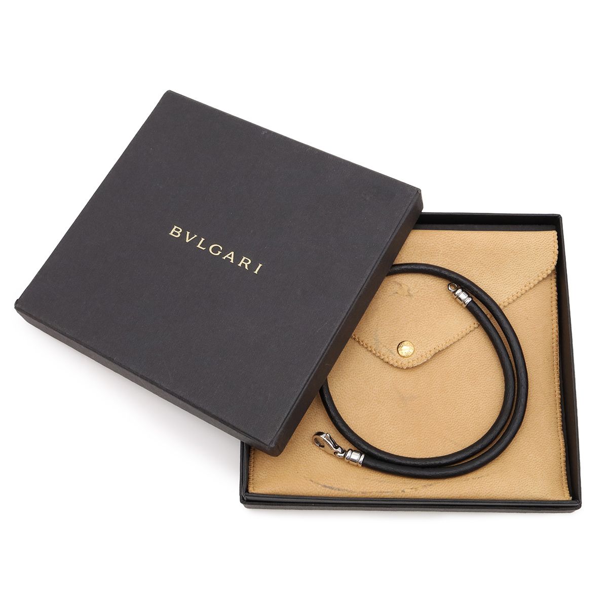 Bvlgari Choker Necklace Cord Leather Steel Black Silver — view 6