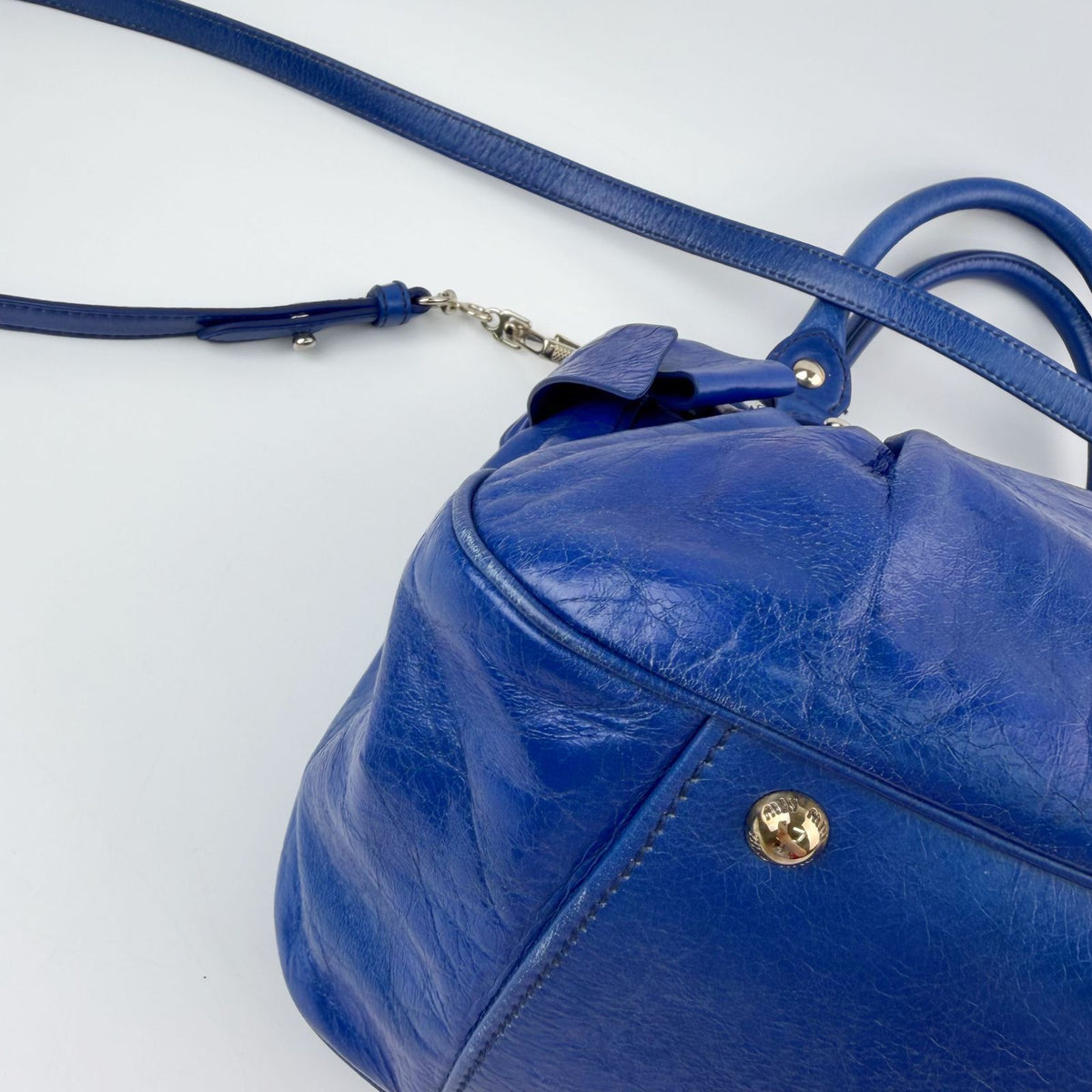 Miu Miu Logo Side Ribbon Gather 2-Way Shoulder Bag Leather Blue Vintage — view 8