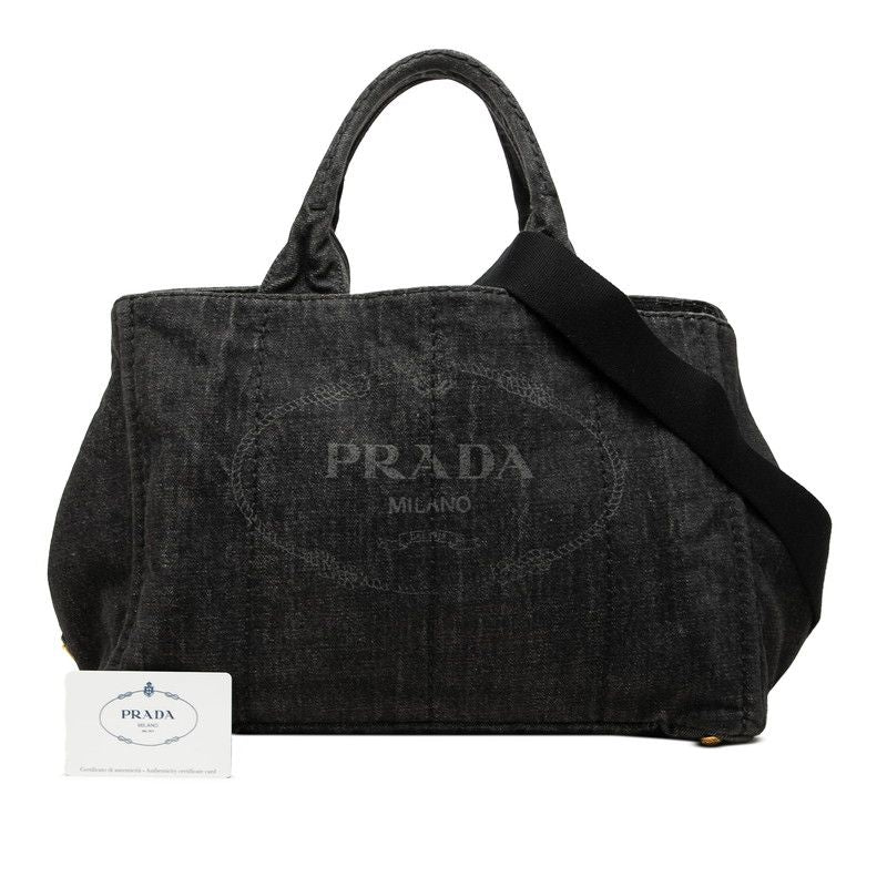 Prada Canapa Tote Shoulder Bag 2-Way Black Nero Denim — view 6