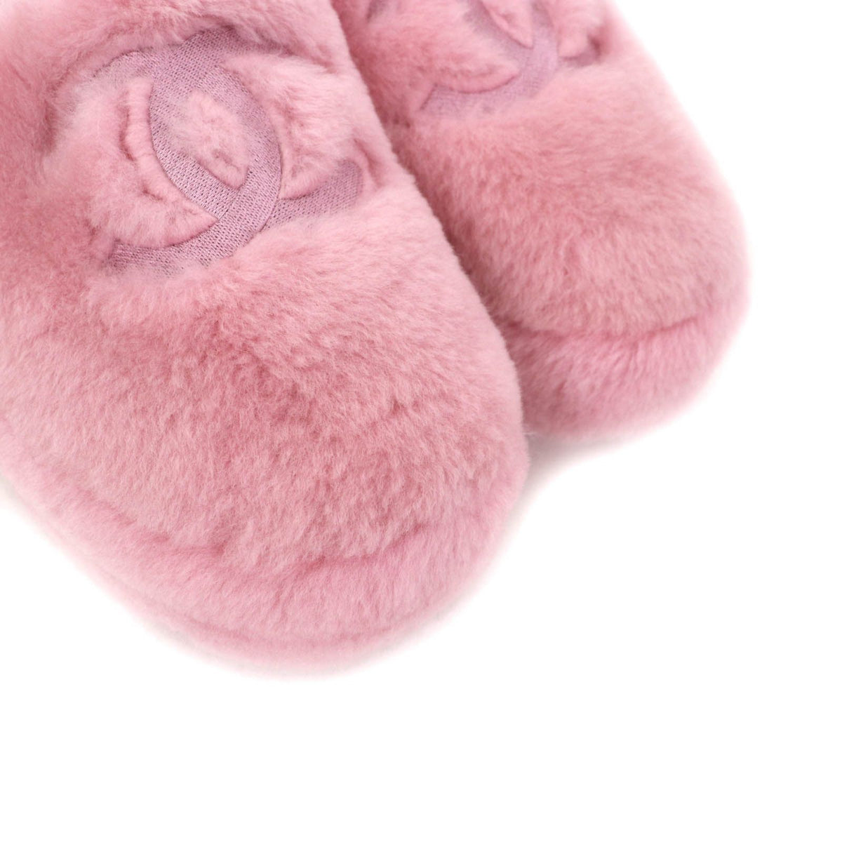 Chanel CC Logo Embroidery Shearling Lambskin Fur Sandals Pink — view 8